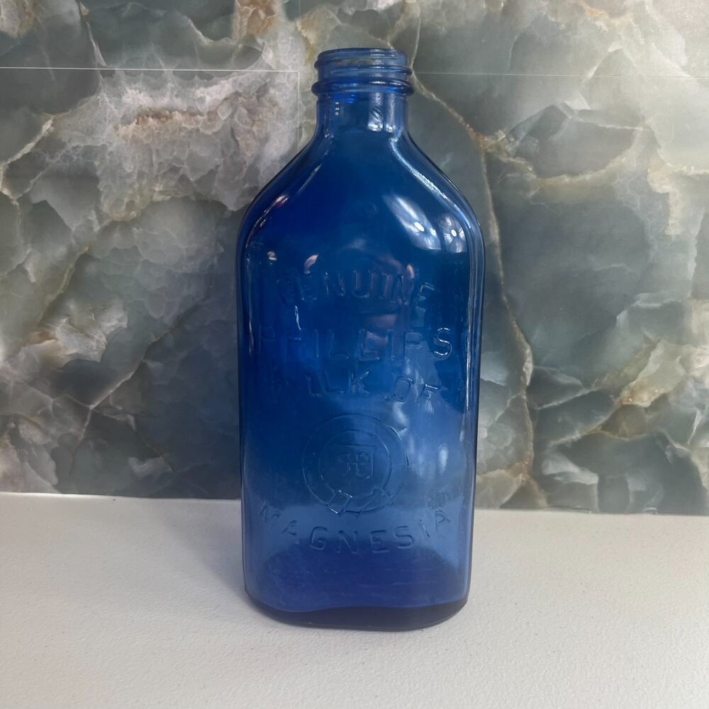 Vintage Phillips Milk Of Magnesia Cobalt Blue Glass Bottle Empty 9'' Tall